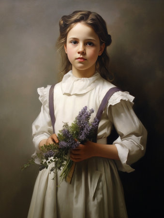 Portrait of pretty long haired little girl in white summer dress with purple flowers : Generative AIの素材