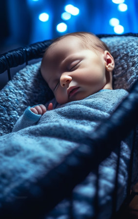 Little baby boy in winter pyjamas is laying at the wooden eco cradle in the room Christmas eve concept : Generative AIの素材