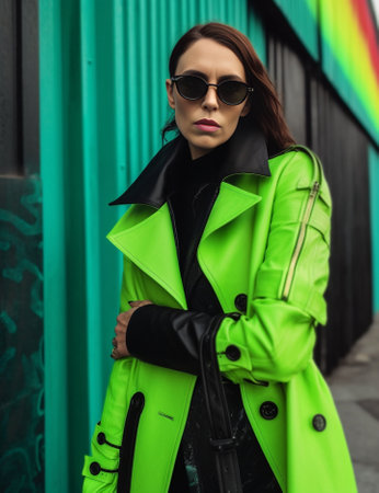 Portrait of young pretty brunette woman in glasses black hoodie and green coat posing against street wall Copy space : Generative AIの素材