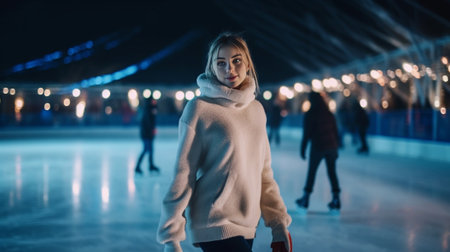 Portrait of young pretty girl in traditional Russian fur cap with ear flaps and red winter jacket and white skates posing on the ice rink against Christmas background : Generative AIの素材