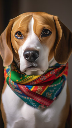 Portrait of young red cute beagle puppy in red winter scarf on the green background Copy space : Generative AIの素材