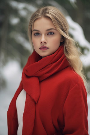 Portrait of a beautiful young woman with blond hair and red lips in white winter coat holding red Christmas wreath and looking through it Christmas background : Generative AIの素材