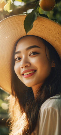 Pretty young girl with long hair in straw hat and white overalls posing with the harvest of green pears in the gardenView from the back : Generative AIの素材