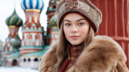 Portrait of young pretty girl in traditional Russian fur cap with ear flaps and red winter jacket and white skates posing on the ice rink against Christmas background : Generative AIの素材