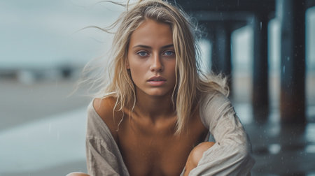 Portrait of young blond woman on the beach with dirty wet make up Mental health concept : Generative AIの素材