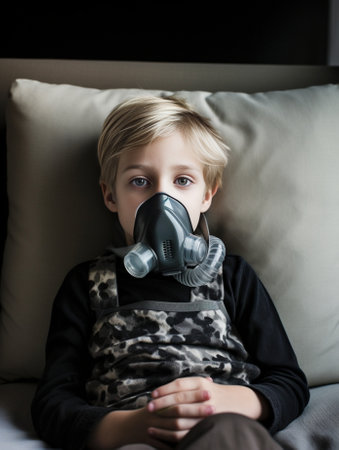 Portrait of blond young boy in white shirt and black medical mask with gloves at home : Generative AIの素材