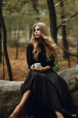 Young beautiful pregnant woman with long blond hair in autumn hat and in black tight dress posing on the autumn glade in the park Copy space : Generative AIの素材