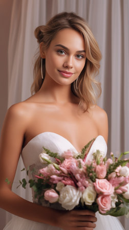 Pretty young bride with long hairs at long evening dress posing with bouquets of flowers : Generative AIの素材