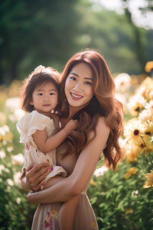 Pretty young woman holding her little cute daughter on sunny summer lawn Happiness Copy space : Generative AIの素材