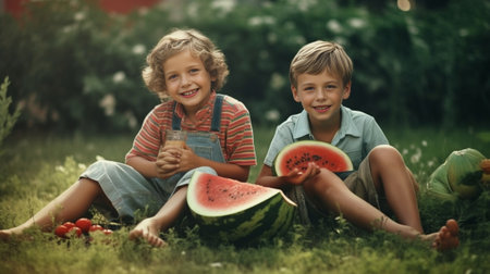 Young barefooted family of three in white summer dresses and shirt eating a watermelon in the park : Generative AIの素材