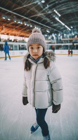 Portrait of young pretty girl in traditional Russian fur cap with ear flaps and red winter jacket and white skates posing on the ice rink against Christmas background : Generative AIの素材
