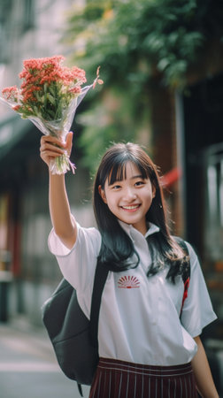 Portrait of a little cute girl in school uniform with white bow holding bouquet of pink flowers Green background Copy space : Generative AIの素材