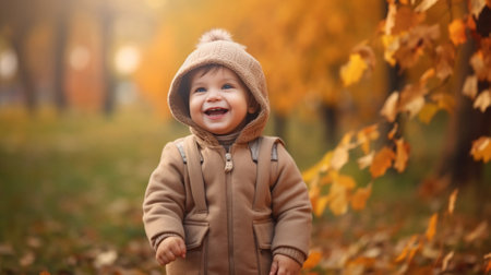 Portrait of toddler little blond boy creeping at the autumn park Fall background Copy space : Generative AIの素材