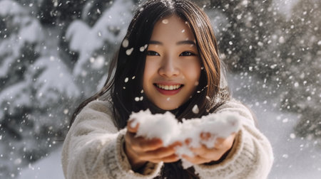 Pretty young asian woman with long brunette hair holding a bunch of winter berries and posing against Christmas background Snowing : Generative AIの素材