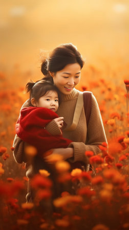 Pretty slim woman in red autumn dress posing with her little son on the pumpkins field Copy space : Generative AIの素材