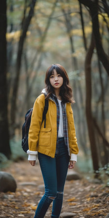 Young cute girl with tail and yellow waistcoat posing in the autumn forest Copy space : Generative AIの素材