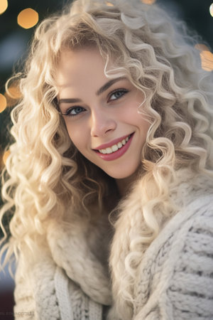 Young beautiful girl with long curly blond hair in Christmas headband like a deer horns and winter coat holding Bengal lights and posing under the snow against Christmas  : Generative AIの素材