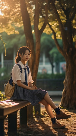 Young cute school girl in uniform sitting on a wooden desk in a park Back to school Copy space : Generative AIの素材
