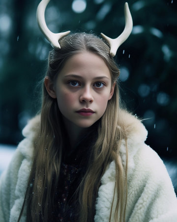 Young blond girl in winter coat and a headband like a deers horns posing among her family on the Christmas terrace Snowing : Generative AIの素材