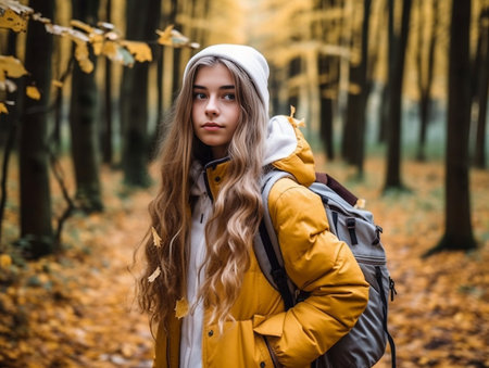 Young cute girl with tail and yellow waistcoat posing in the autumn forest Copy space : Generative AIの素材