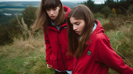 Two pretty little sisters in leather jacket and red sweater posing in the autumn park Copy space : Generative AIの素材