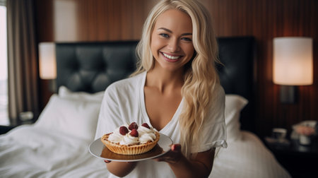 Young pretty blond haired woman in black body sitting on white bed and holding small cake with strawberry Copy space : Generative AIの素材