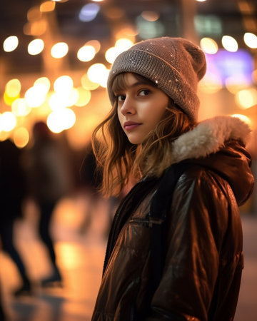 Young pretty long haired girl in beige coat and sweater with red headband posing with Christmas mug at the open skating rink Christmas background : Generative AIの素材