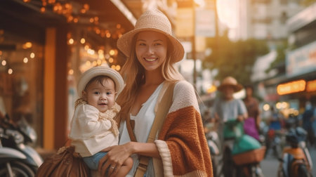 Young pretty brunette woman in jeans and white autumn cardigan holding a basket and posing with her pretty toddler daughter in grey dress and hat at the open market place : Generative AIの素材