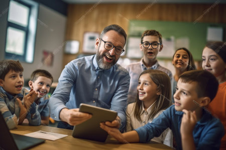 digital tablet on table in classroom at school : Generative AIの素材