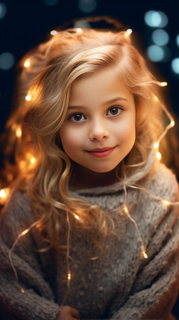 Young beautiful girl with long curly blond hair in Christmas headband like a deer horns and winter coat holding Bengal lights and posing under the snow against Christmas  : Generative AIの素材