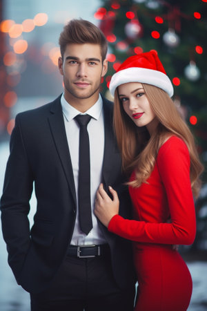 Young happy couple in winter clothes posing in red Christmas car against holiday ranch : Generative AIの素材