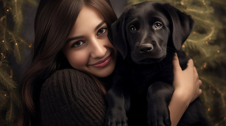 Young pretty girl in black hat and autumn dress kissing black labrador retriever Fall background : Generative AIの素材