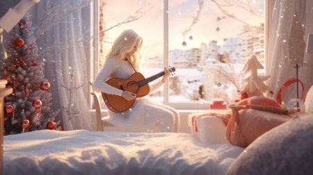 Young pretty girl with blond curly hair and red Christmas bow in white winter long dress and long socks sitting near the big window Snow background : Generative AIの素材