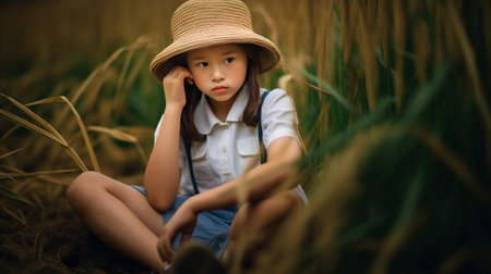 Young girl with long hair in summer hat and white overalls sitting by her back in the grass with a harvest in her garden Copy space : Generative AIの素材