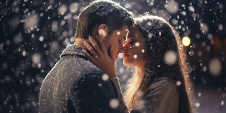 Young man and pretty brunette woman in winter sweaters kissing under the snow in the back yard Christmas background : Generative AIの素材
