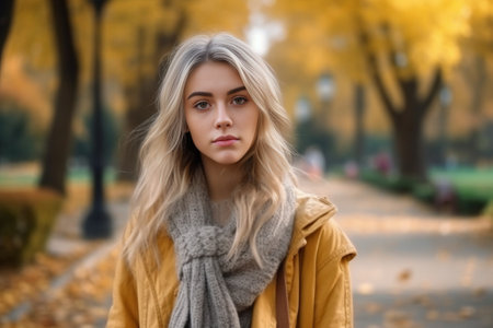 Young pretty teen girl with long blond hair in yellow sweater posing in the autumn park Copy space : Generative AIの素材