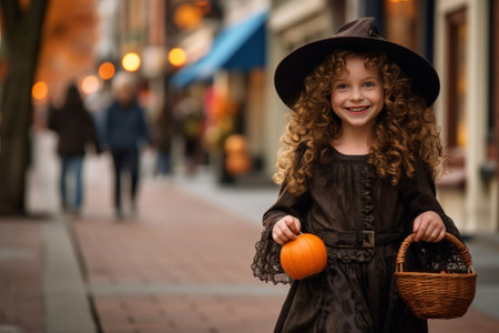Young pretty long haired girl in costume like a little witch playing on the street with pumpkin balloons while sunrise Holiday concept : Generative AIの素材
