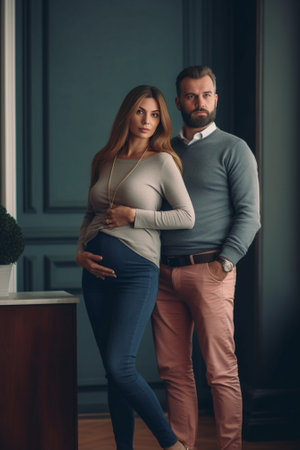 Young blond pregnant woman in black tight dress autumn hat and jacket posing with handsome tall man in black sweater at the autumn background Copy space : Generative AIの素材