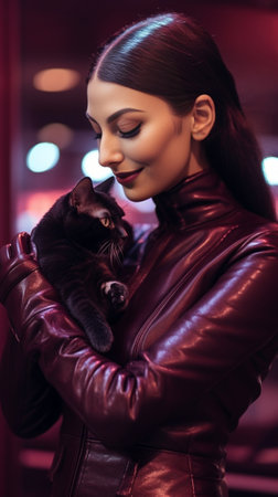 Young attractive woman in red winter overalls and white hat posing with little black pig against Christmas backgroundSnowing : Generative AIの素材