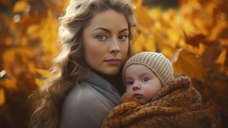 Young pretty pregnant woman with long blond hair in autumn hat playing with her cute little daughter at the autumn park Copy space : Generative AIの素材