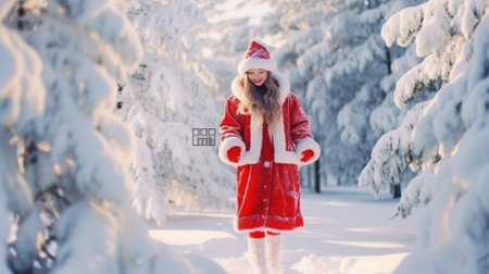 Young pretty girl in red winter overalls and Santas cap smiling on the wooden terrace with Christmas background Snowing : Generative AIの素材