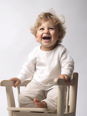 cute blueeyed little boy sitting in a white high chair High quality photo : Generative AIの素材