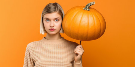 Young teen girl in black clothes standing against orange house and holding halloween balloon before her face Focus ai at the balloonHoliday concept : Generative AIの素材