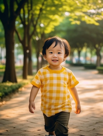 stylish country toddler in a plaid shirt walking with with yellow watering can Little boy in red rubber boots with ducklings the summer park : Generative AIの素材