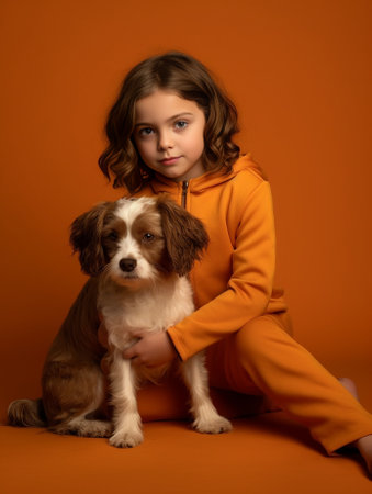 A girl with a short haircut keeps a Chihuahua dog in an orange vest High quality photo : Generative AIの素材