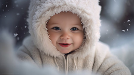 Cute baby girl in winter hat and jacket smiling and looking to the camera against snowed trees First year child : Generative AIの素材