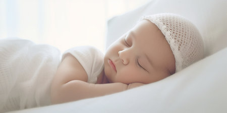 Peaceful baby lying on a bed while sleeping in a bright room : Generative AIの素材
