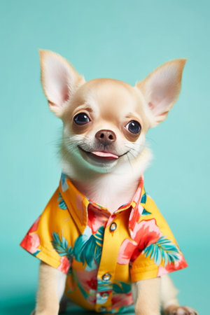 Cute dark grey Chihuahua dog in jeans dress at mans hand in red summer shirt Copy space : Generative AIの素材
