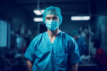 Male surgeon doctor in medical uniform with stethoscope posing in the cabinet : Generative AIの素材