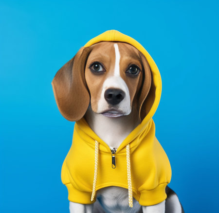 Portrait of red cute young beagle puppy looking at an iron bowl on the yellow background Copy space : Generative AIの素材